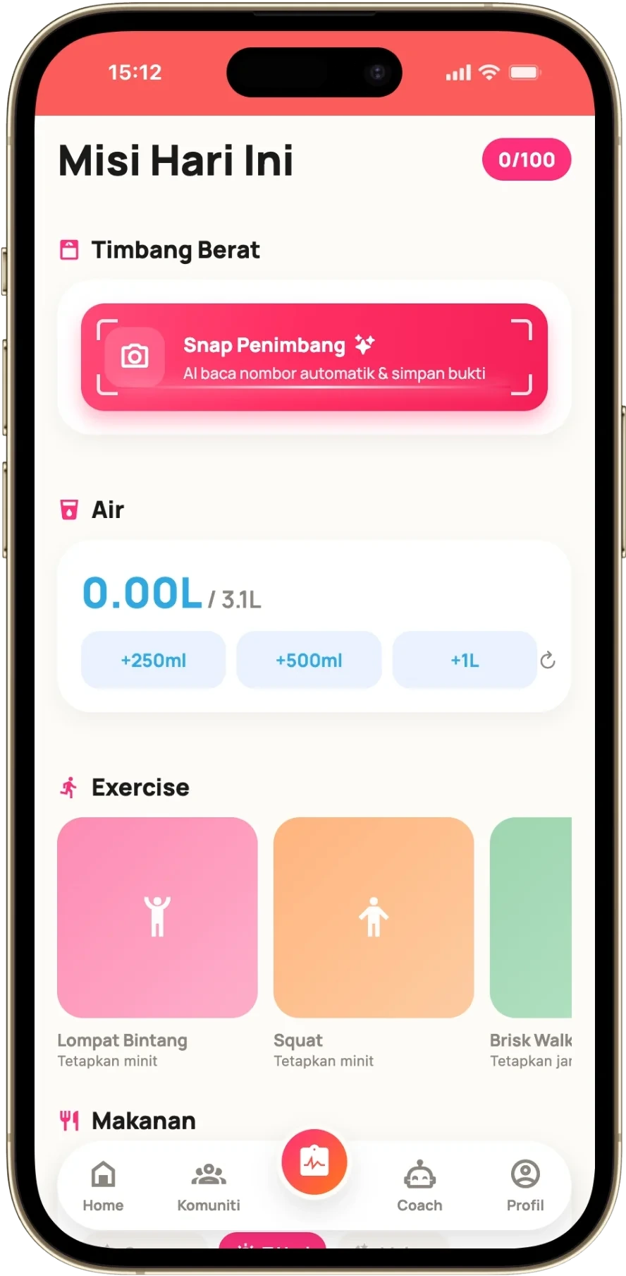 Skrin app Misi Hari Ini: timbang berat, air dan senaman