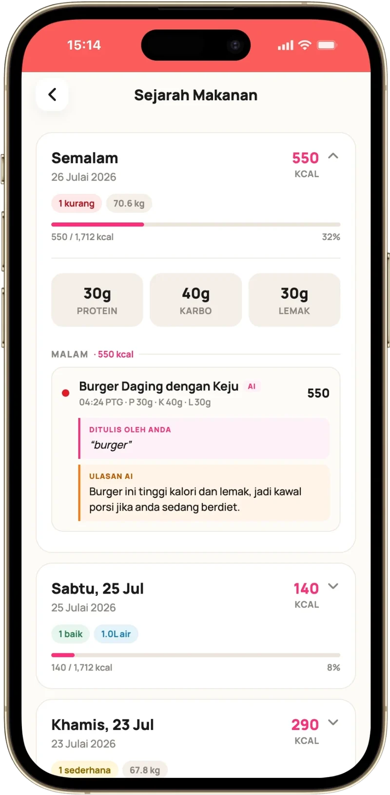 Skrin app: Sejarah Makanan