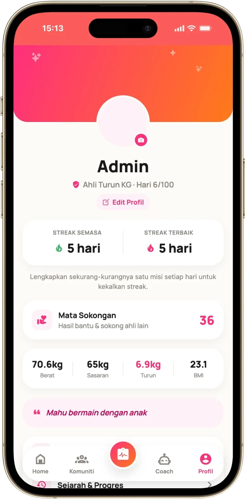 Skrin app: Profil dan Streak
